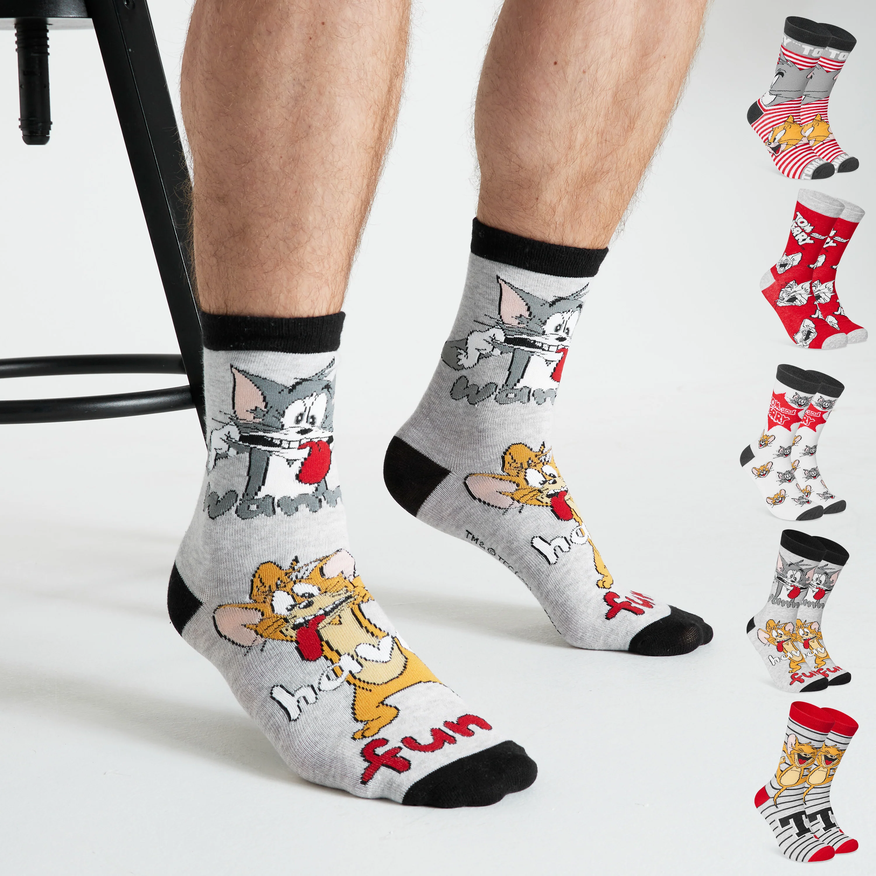 Tom and Jerry Mens Socks - Pack of 5 Crew Socks for Men - Grey/Red - Image 6