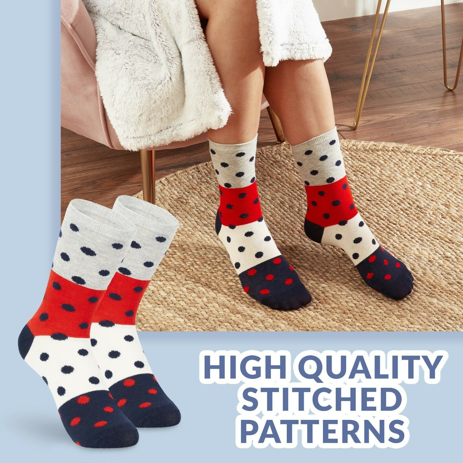 Tom Franks Ladies 6 Pack Design Cotton Rich Socks One Size Red & Blue Mix - Image 6