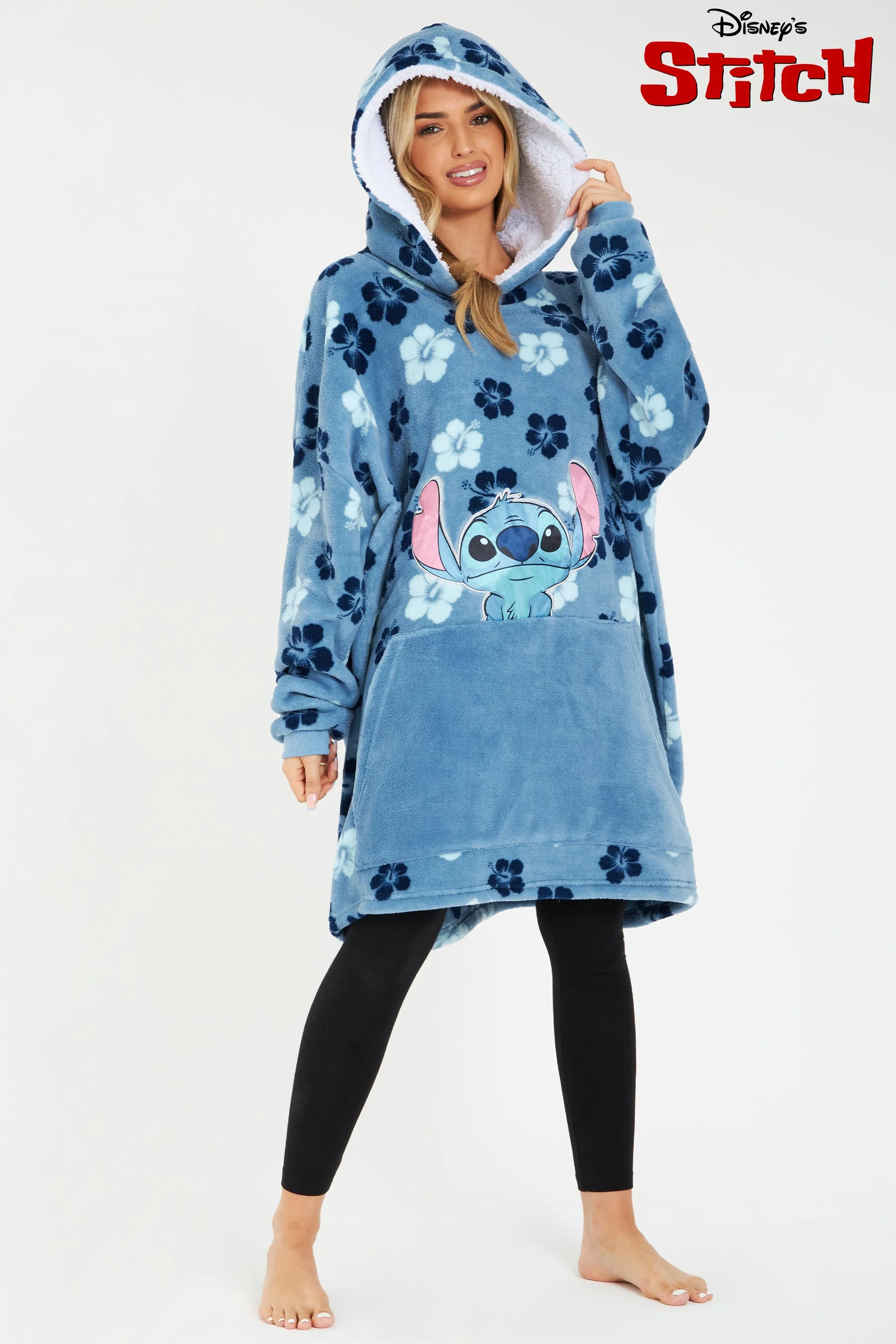 Disney Hoodie Blanket, Stitch Sherpa Fleece Oversized Hoodie - Stitch Tropical Flowers - Image 4
