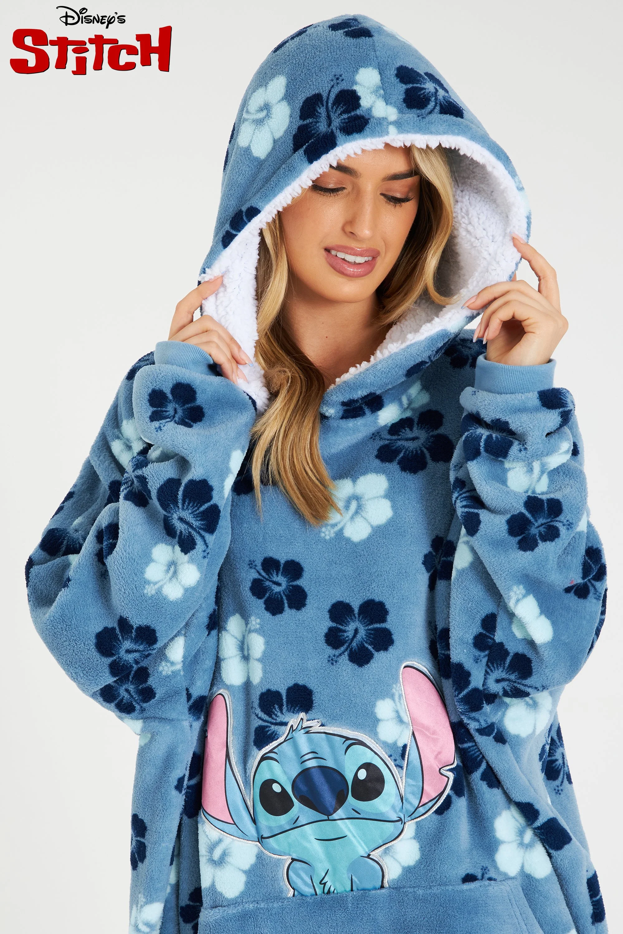 Disney Hoodie Blanket, Stitch Sherpa Fleece Oversized Hoodie - Stitch Tropical Flowers - Image 7