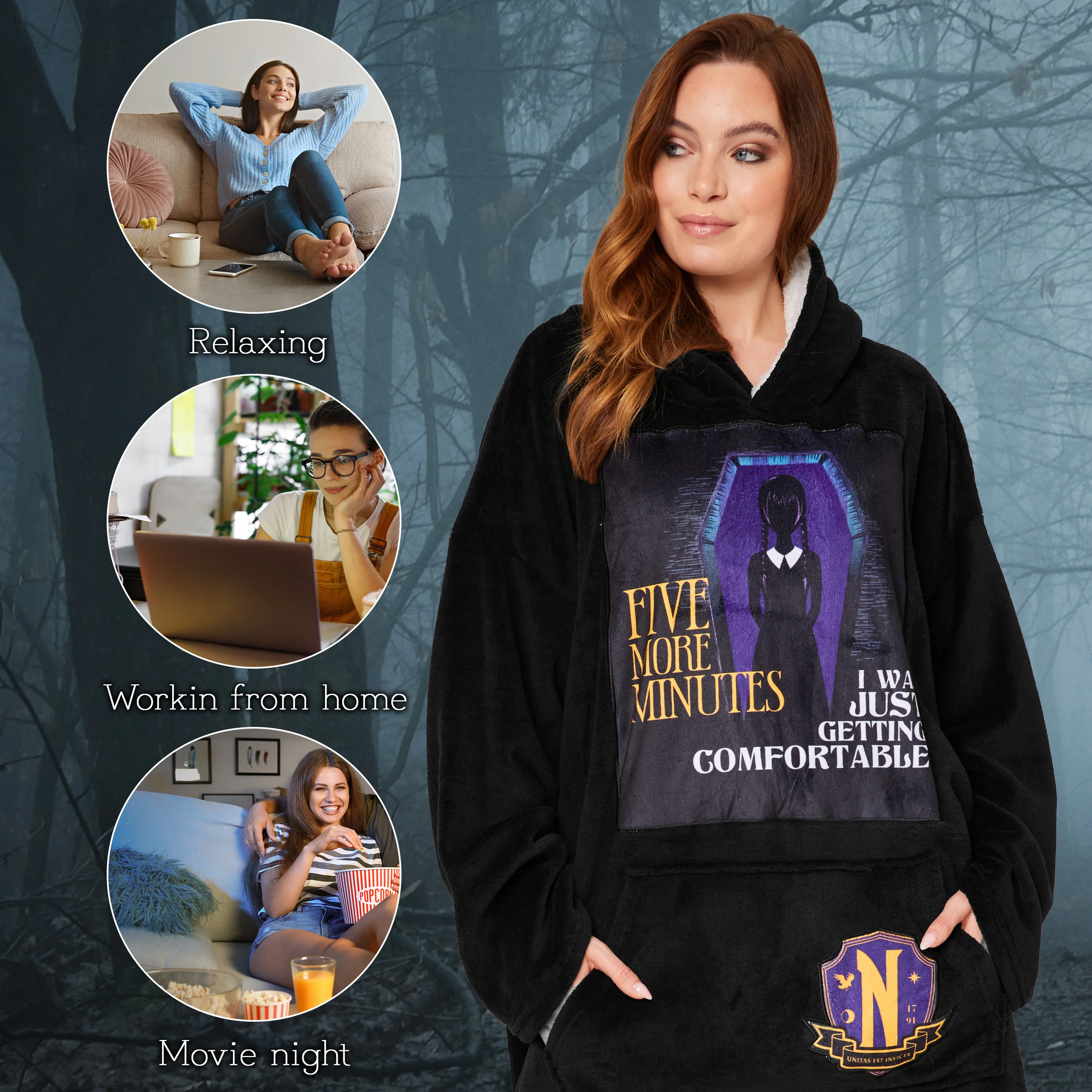 Wednesday Blanket Hoodie for Women and Teenagers - Black/Purple - Image 3