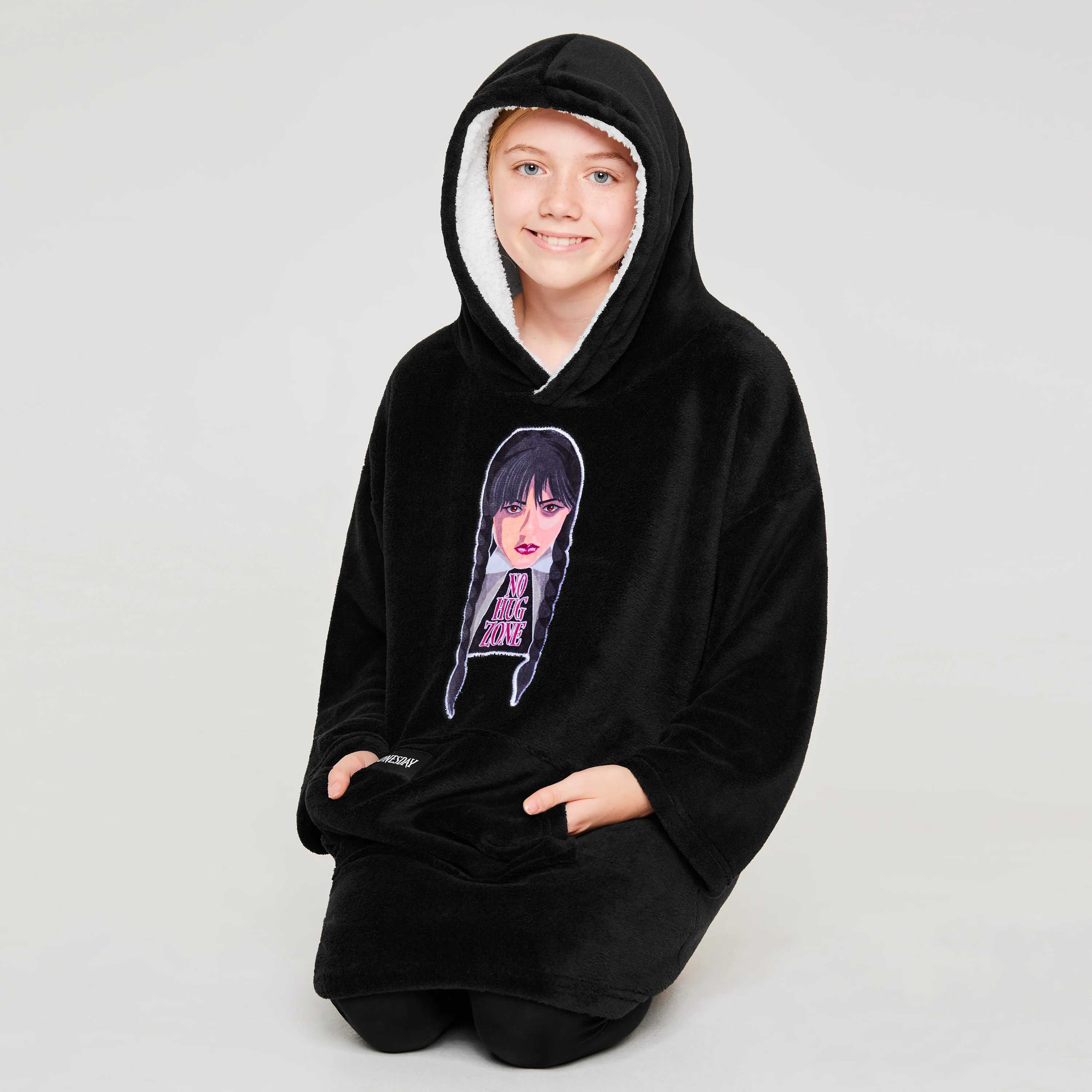 Wednesday Fleece Hoodie Blanket for Girls - Black - Image 4