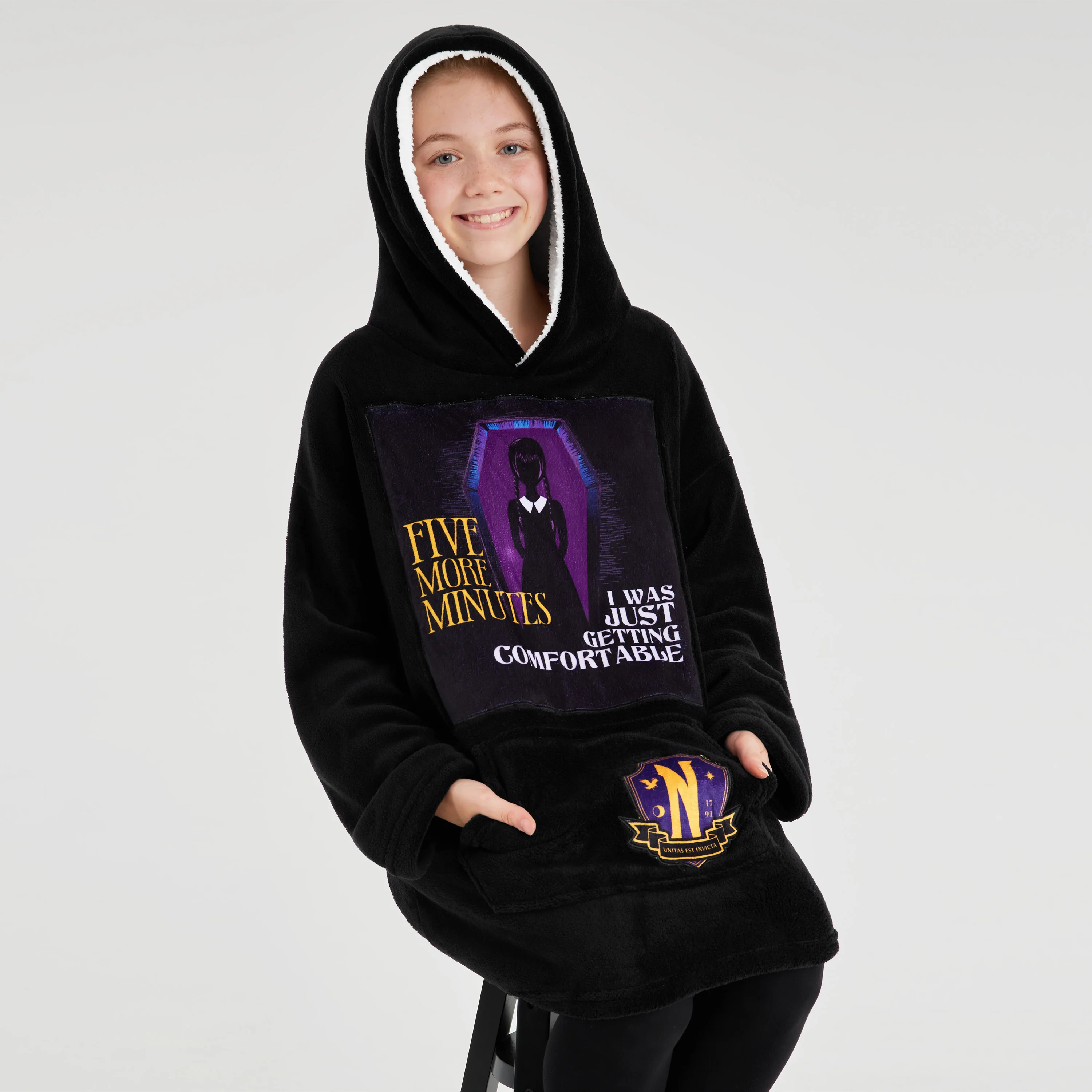 Wednesday Fleece Hoodie Blanket for Girls - Black/Purple - Image 2