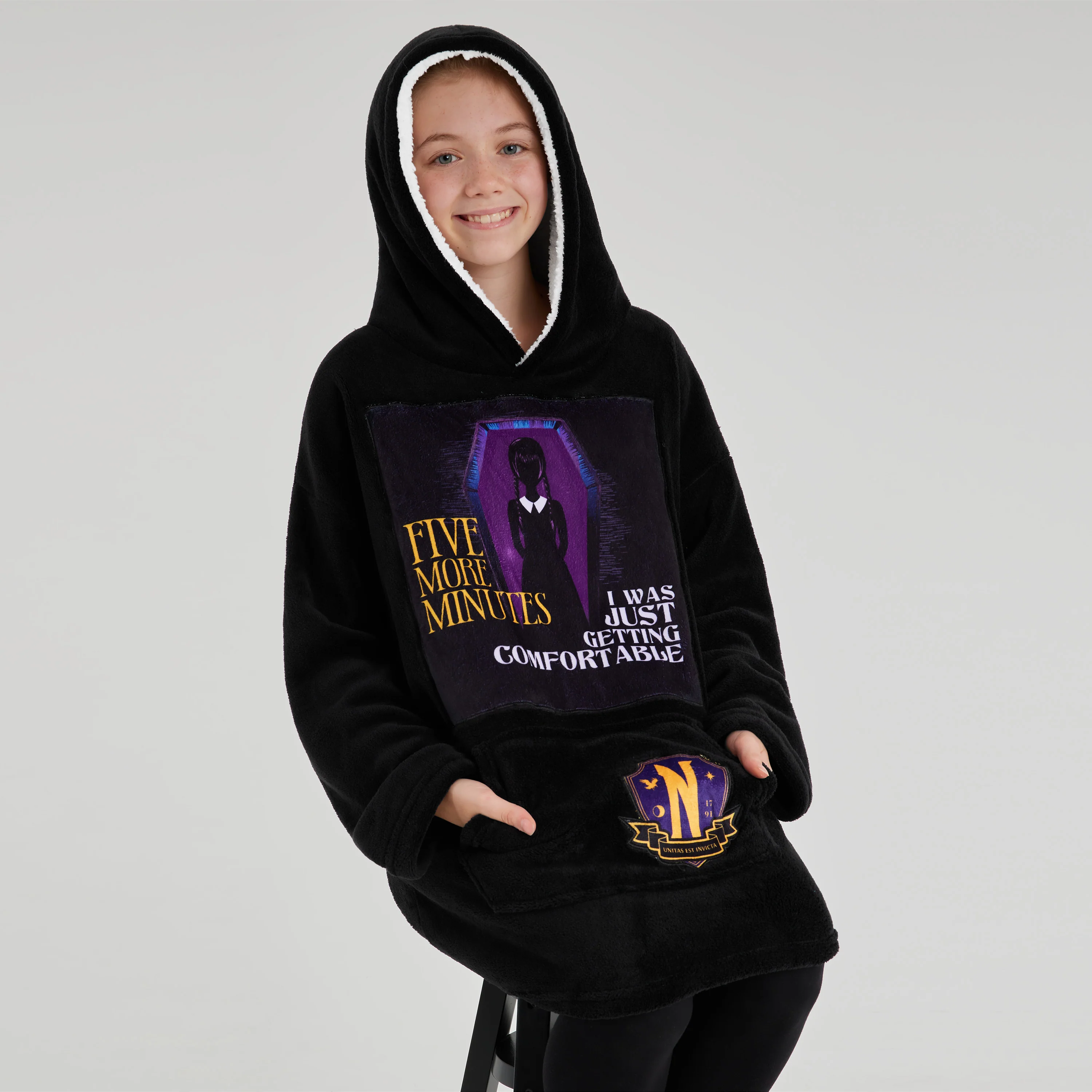 Wednesday Fleece Hoodie Blanket for Girls - Black/Purple - Image 3