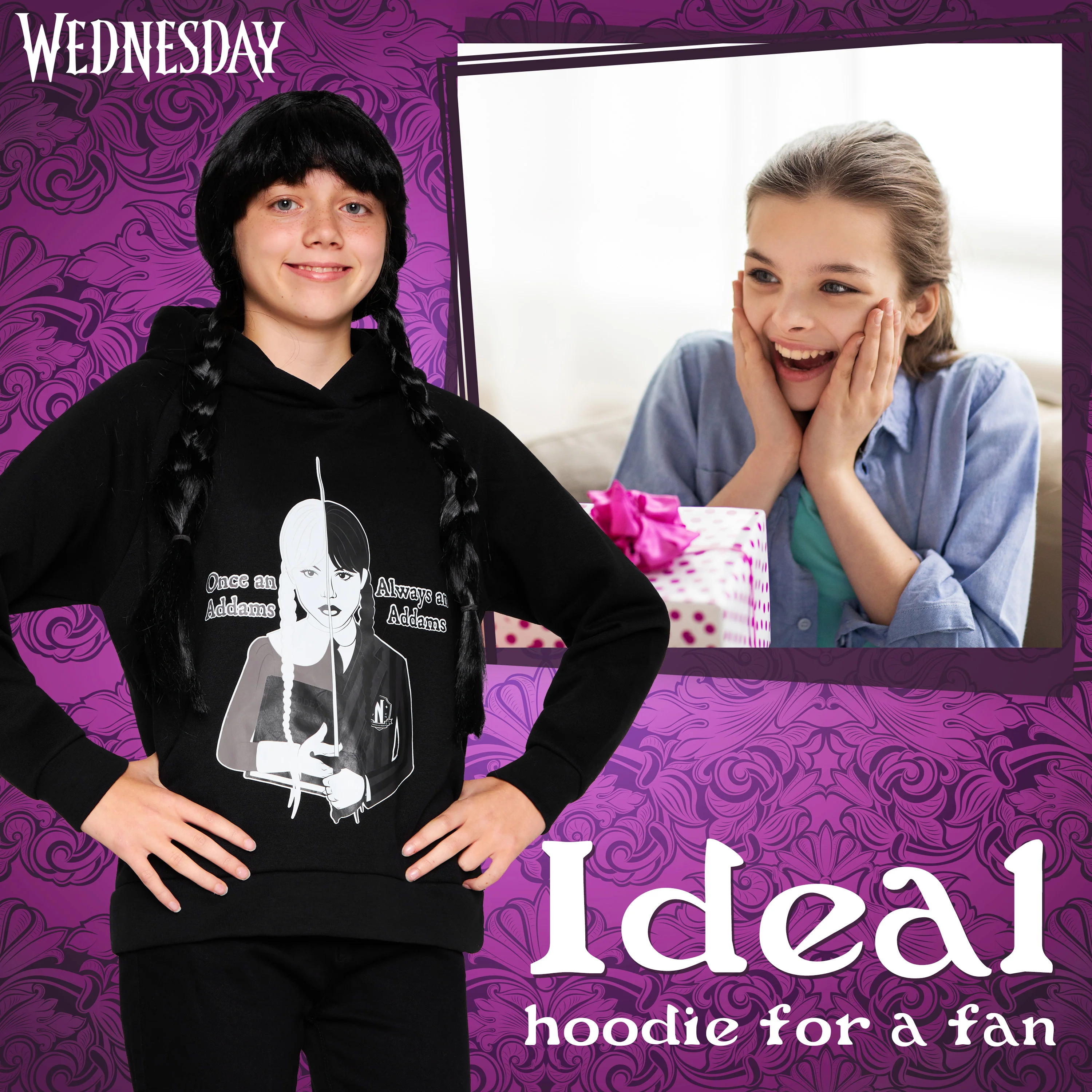 Wednesday Girls Hoodie - Hooded Sweatshirt for Girls - Black/Addams - Image 2