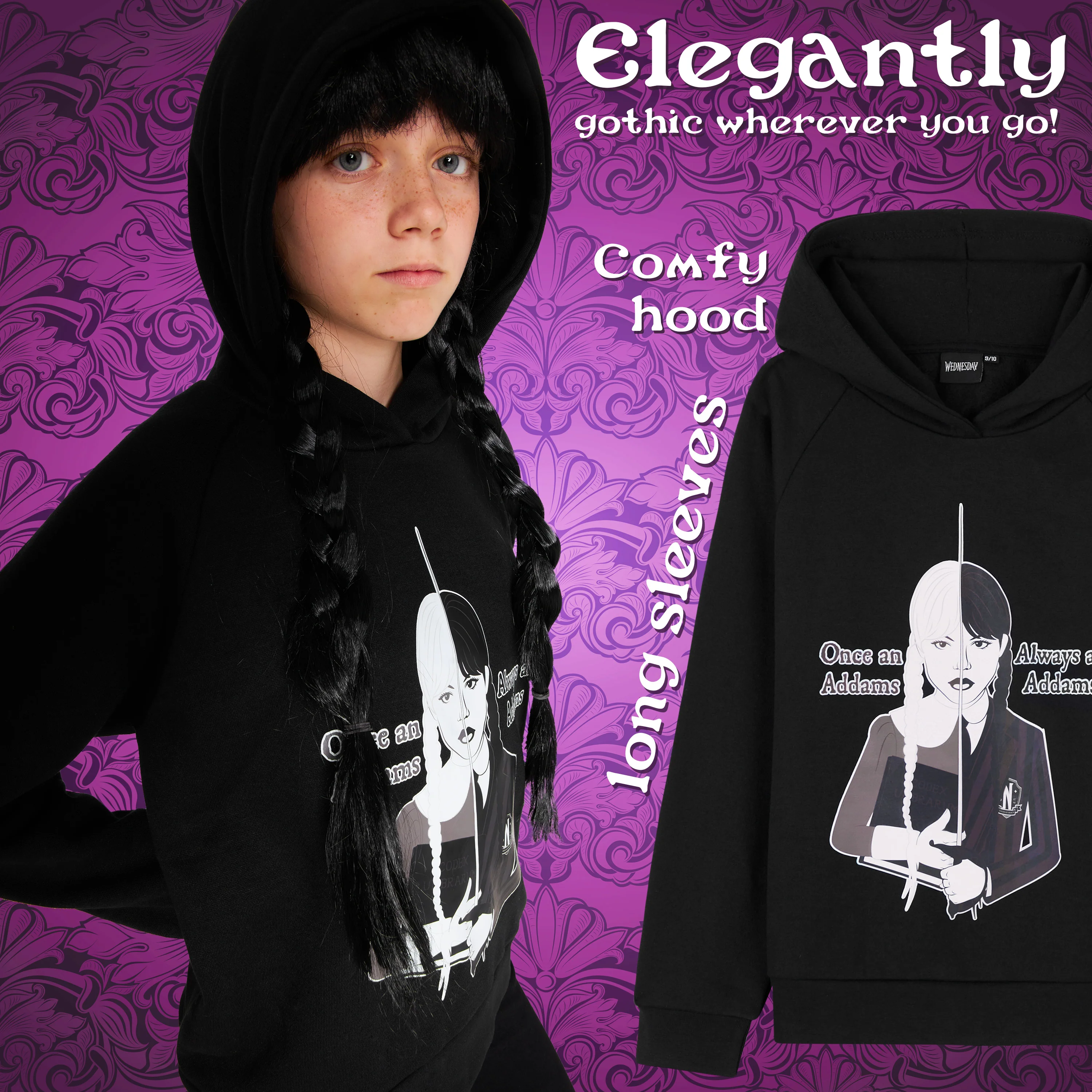 Wednesday Girls Hoodie - Hooded Sweatshirt for Girls - Black/Addams - Image 4