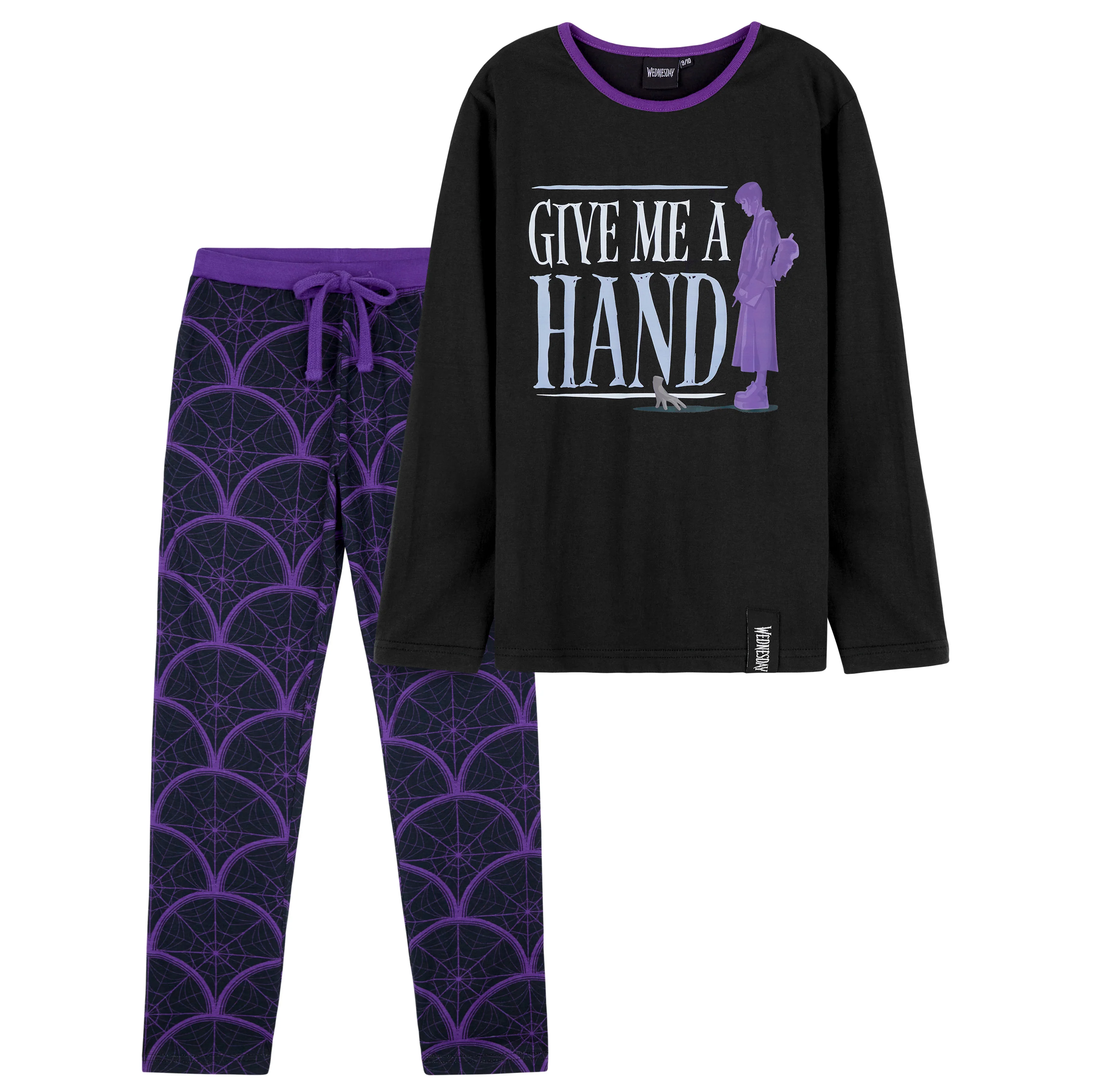 Wednesday Girls Pyjamas - Long Sleeve & Bottoms PJs - Black/Hand