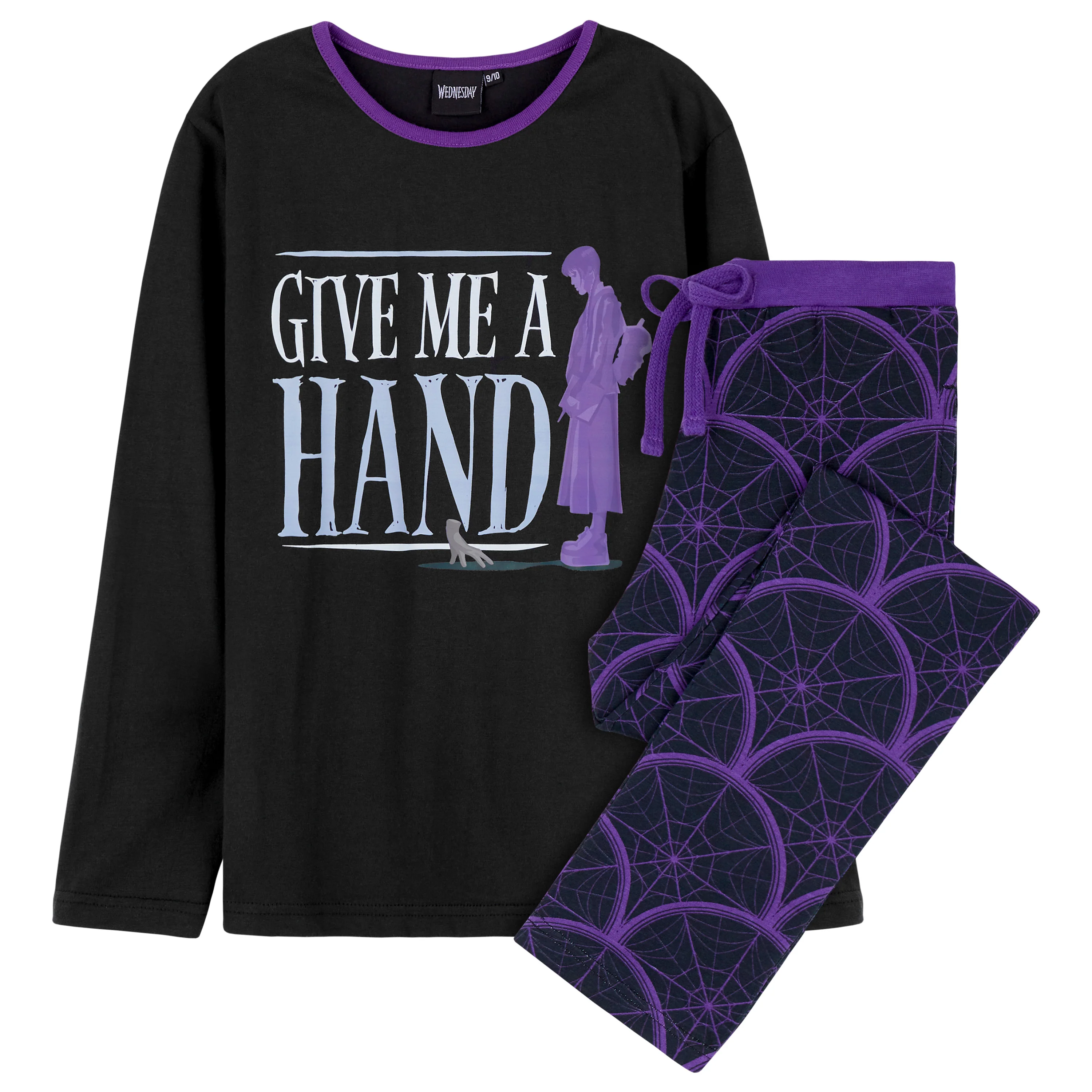 Wednesday Girls Pyjamas - Long Sleeve & Bottoms PJs - Black/Hand - Image 2