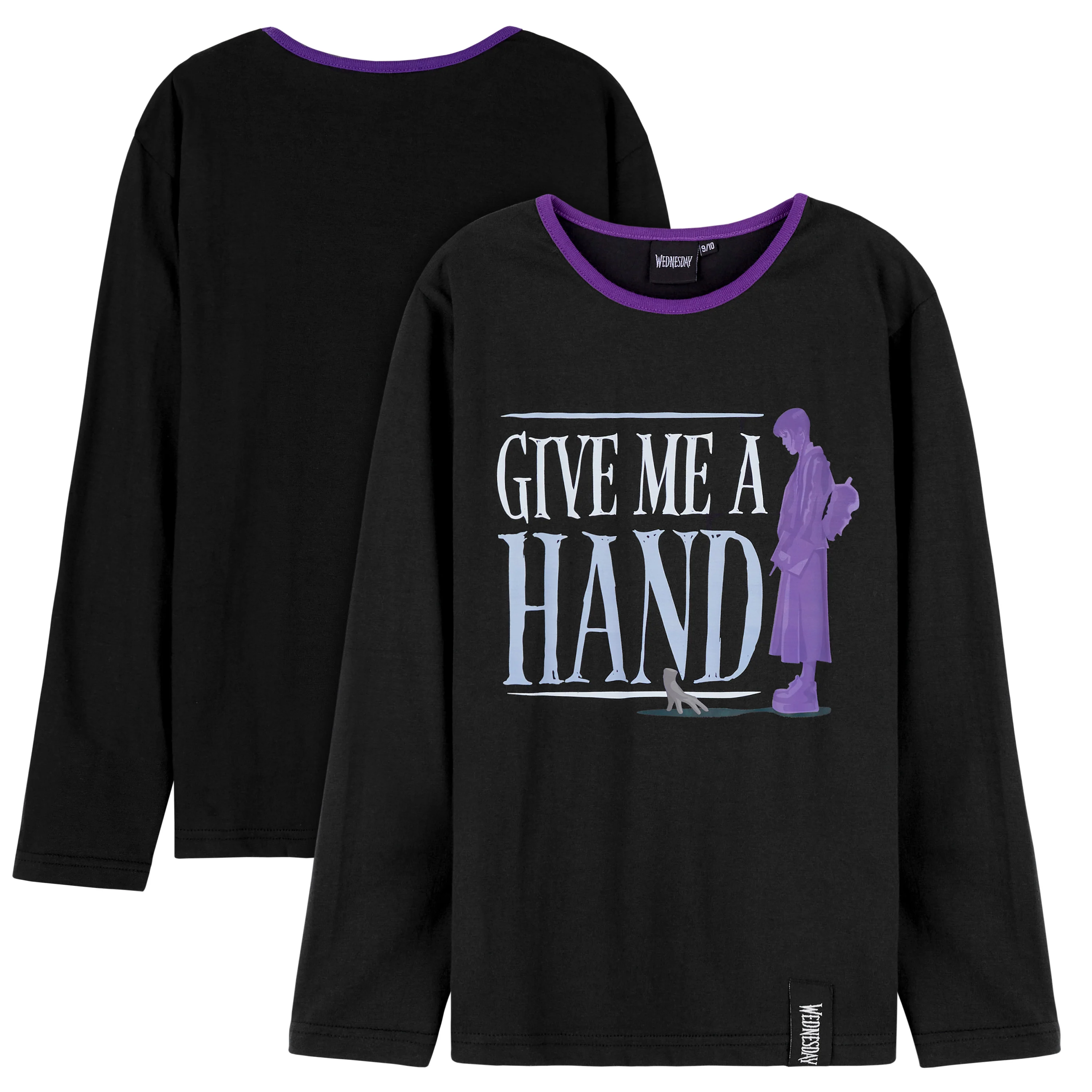 Wednesday Girls Pyjamas - Long Sleeve & Bottoms PJs - Black/Hand - Image 3