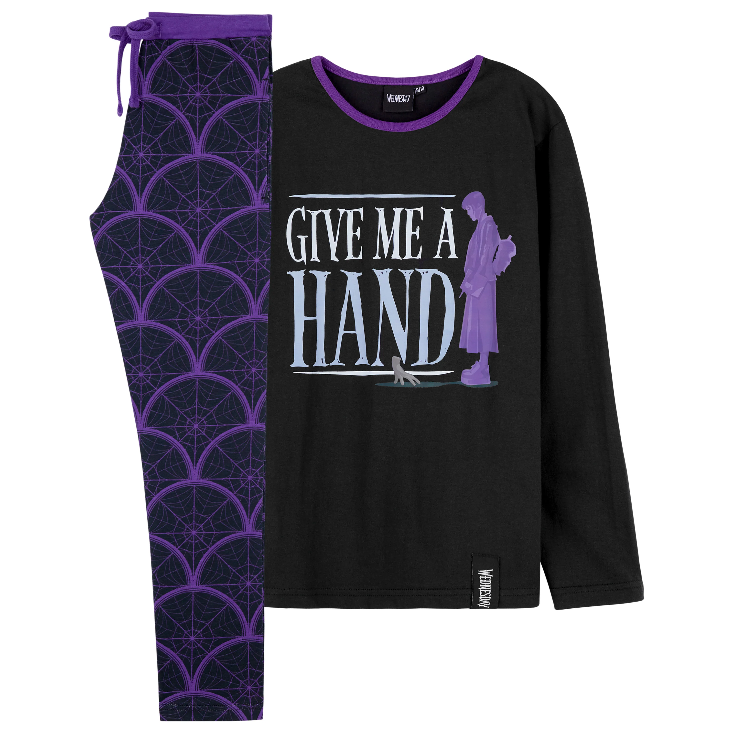 Wednesday Girls Pyjamas - Long Sleeve & Bottoms PJs - Black/Hand - Image 5