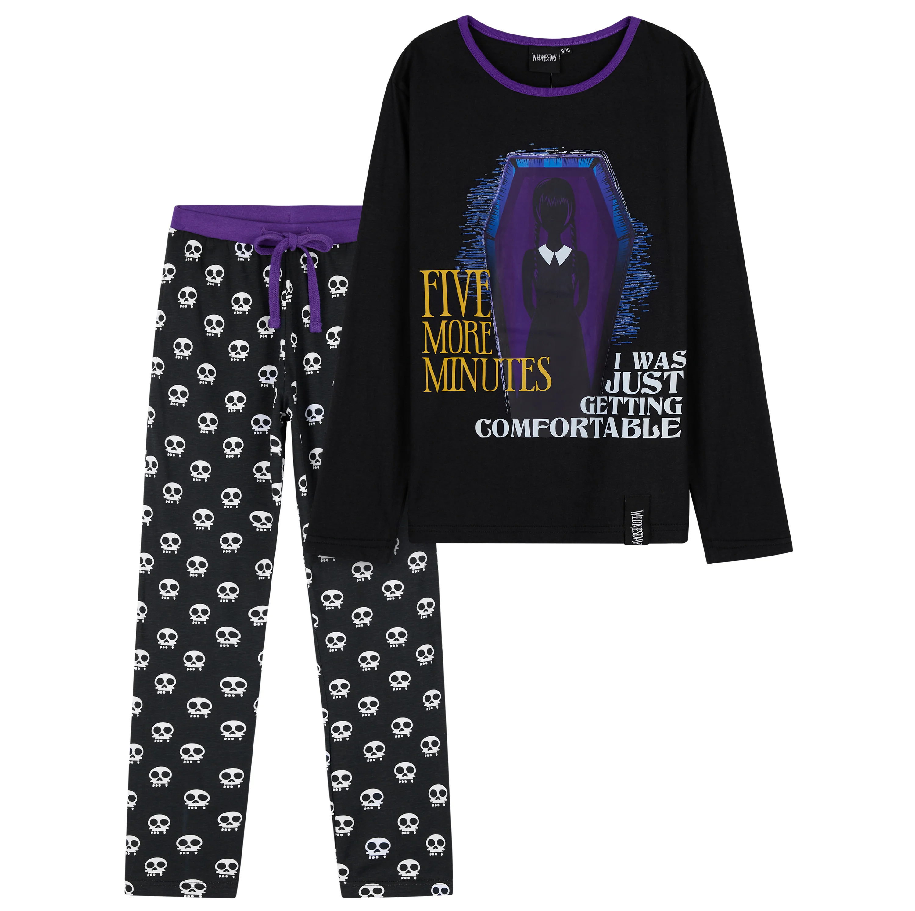 Wednesday Girls Pyjamas - Long Sleeve & Bottoms PJs - Black/Skull