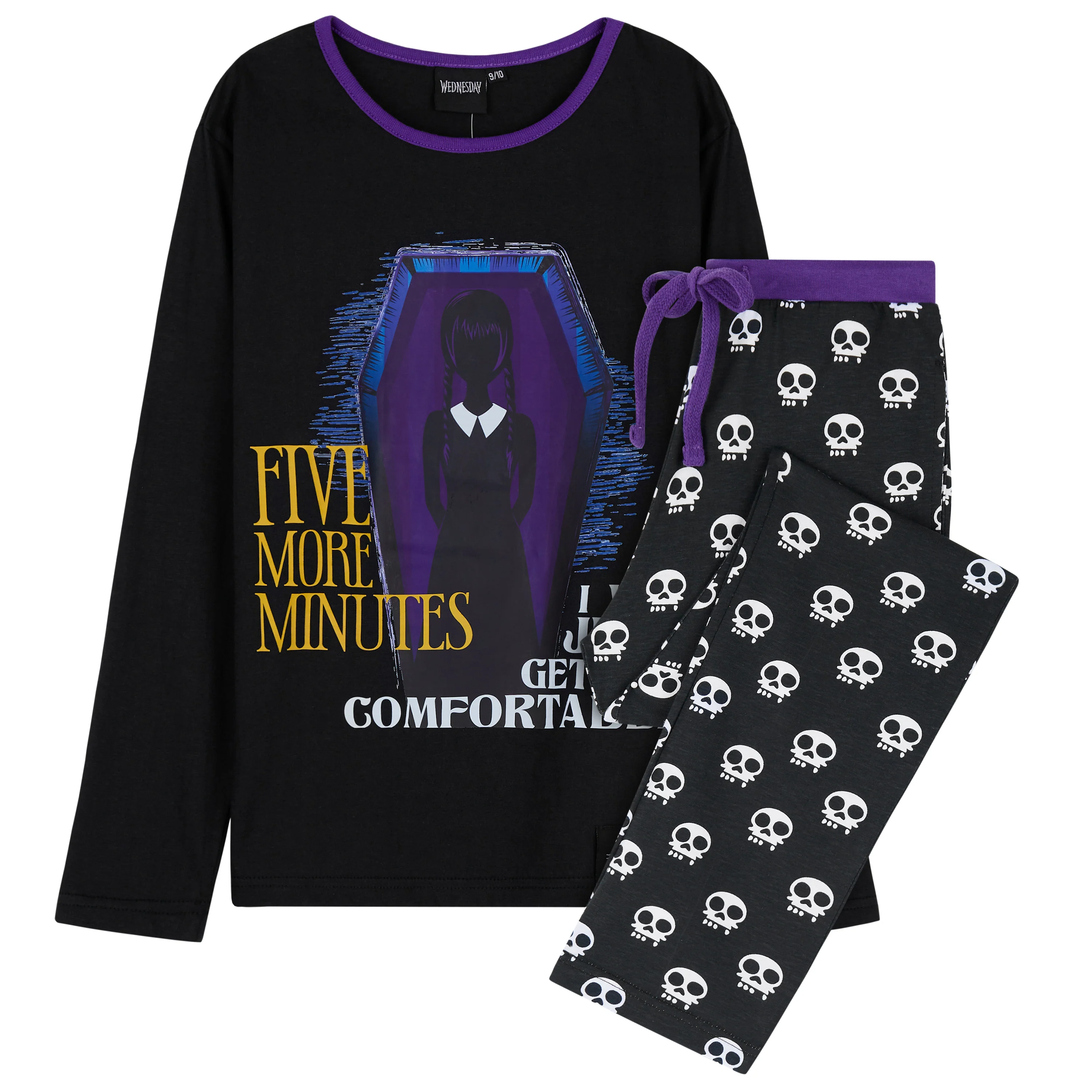 Wednesday Girls Pyjamas - Long Sleeve & Bottoms PJs - Black/Skull - Image 2