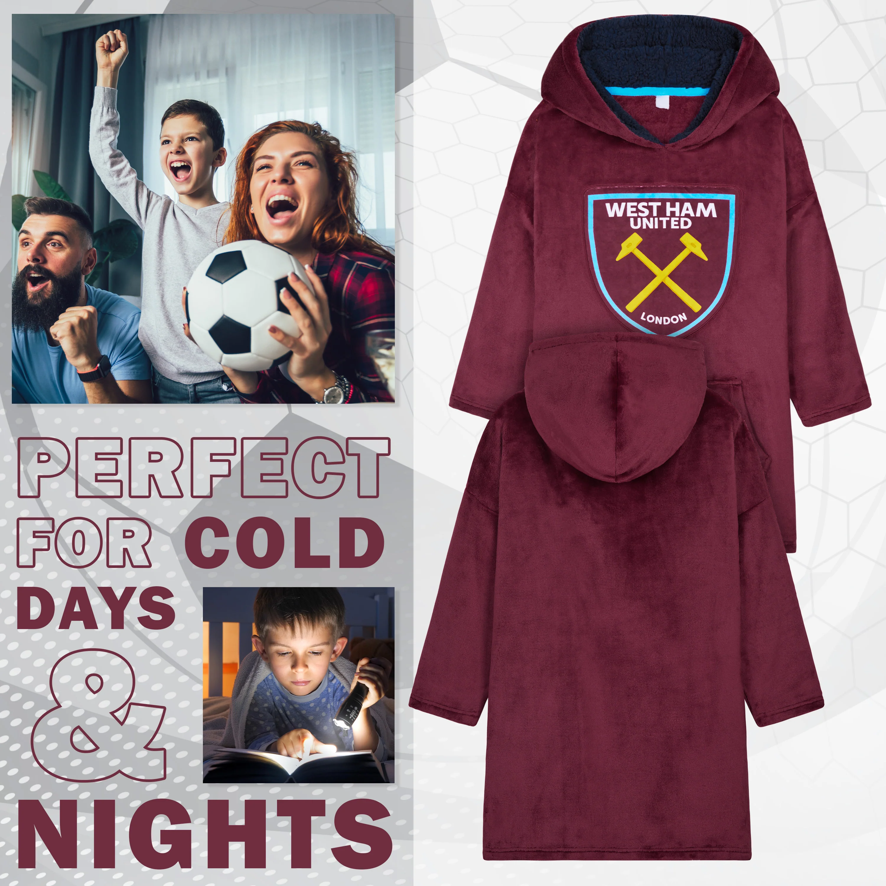West Ham United F.C. Boys Oversized Fleece Poncho with Hood, West Ham Gifts For Boys - Image 4