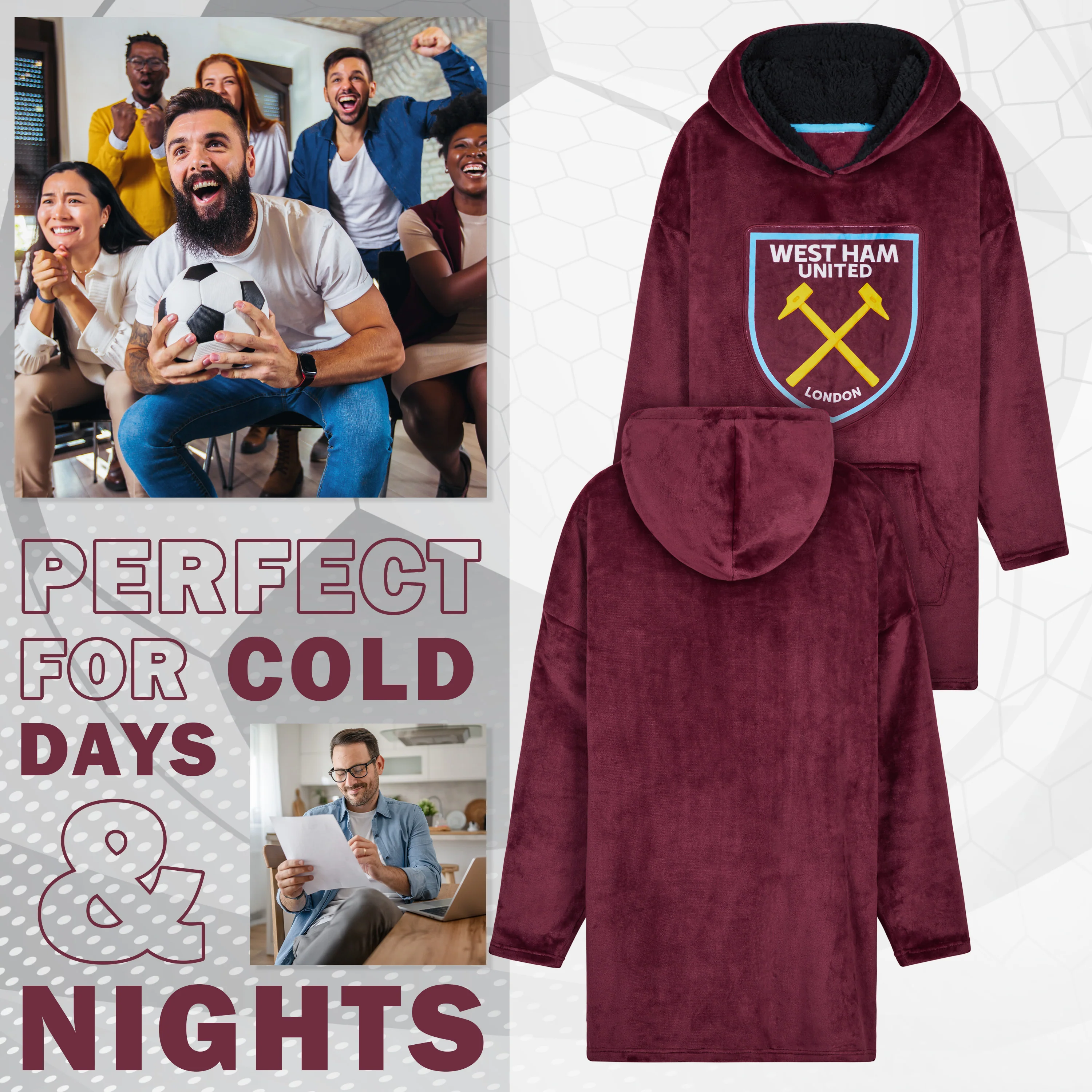 West Ham United F.C. Men's Oversized Fleece Poncho with Hood, West Ham Gifts for Men - Image 4