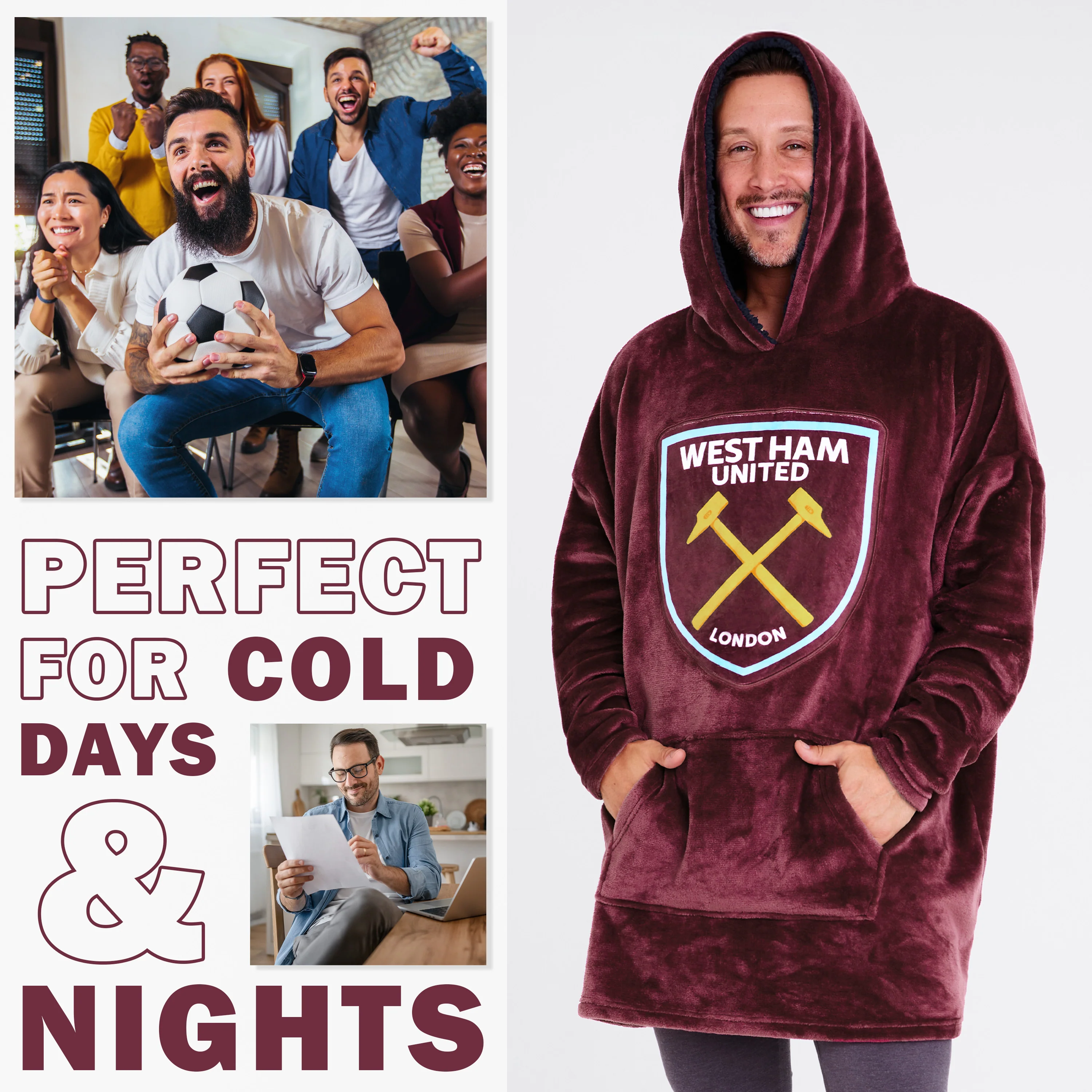 West Ham United F.C. Men's Oversized Fleece Poncho with Hood, West Ham Gifts for Men - Image 2