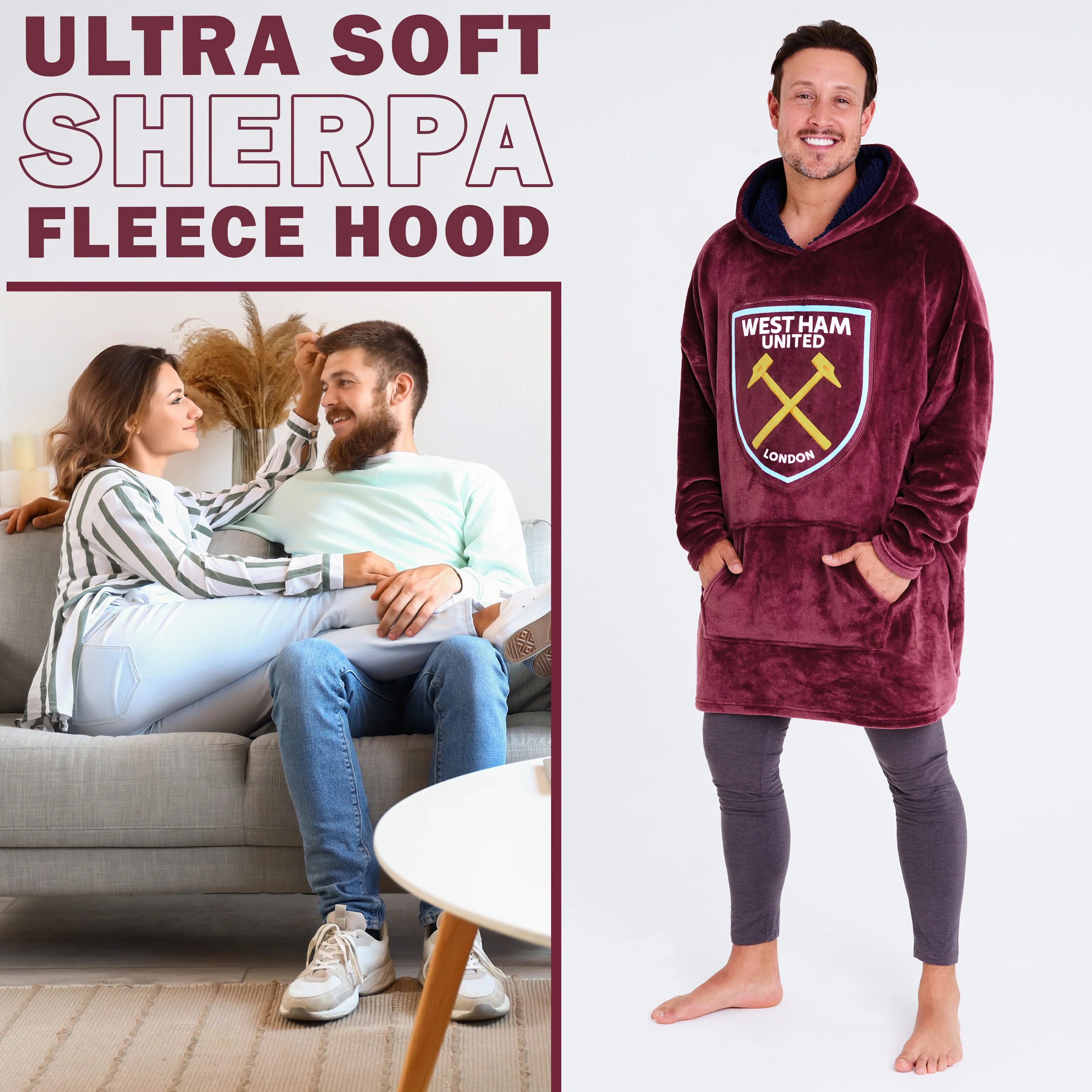 West Ham United F.C. Men's Oversized Fleece Poncho with Hood, West Ham Gifts for Men - Image 3