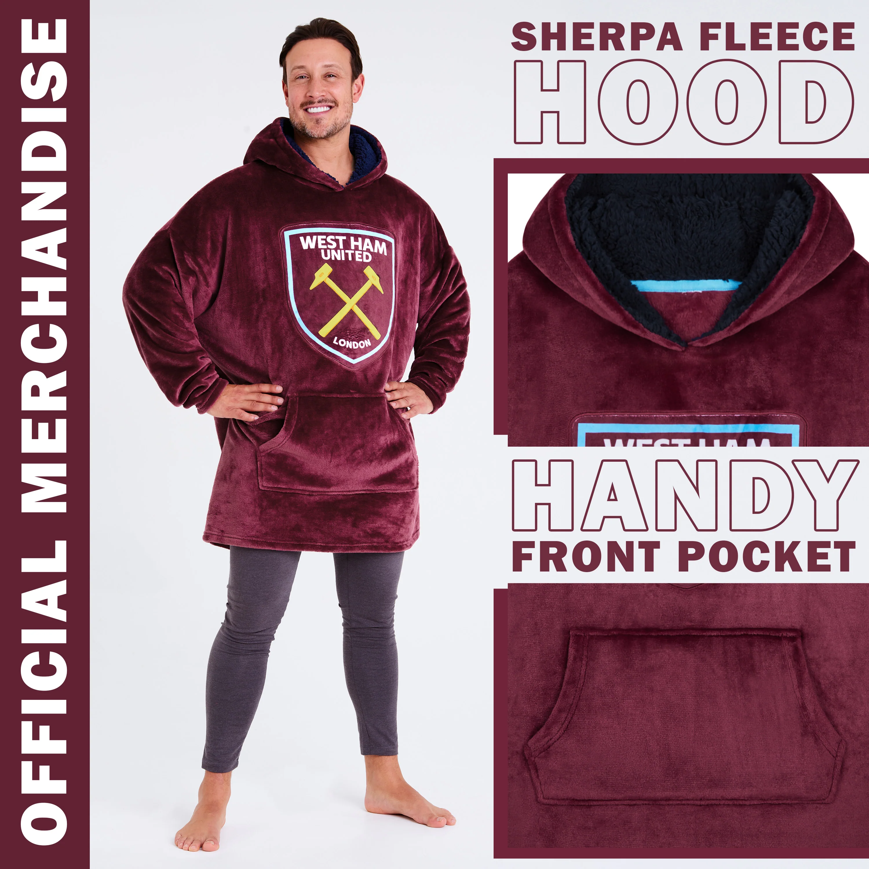 West Ham United F.C. Men's Oversized Fleece Poncho with Hood, West Ham Gifts for Men - Image 4