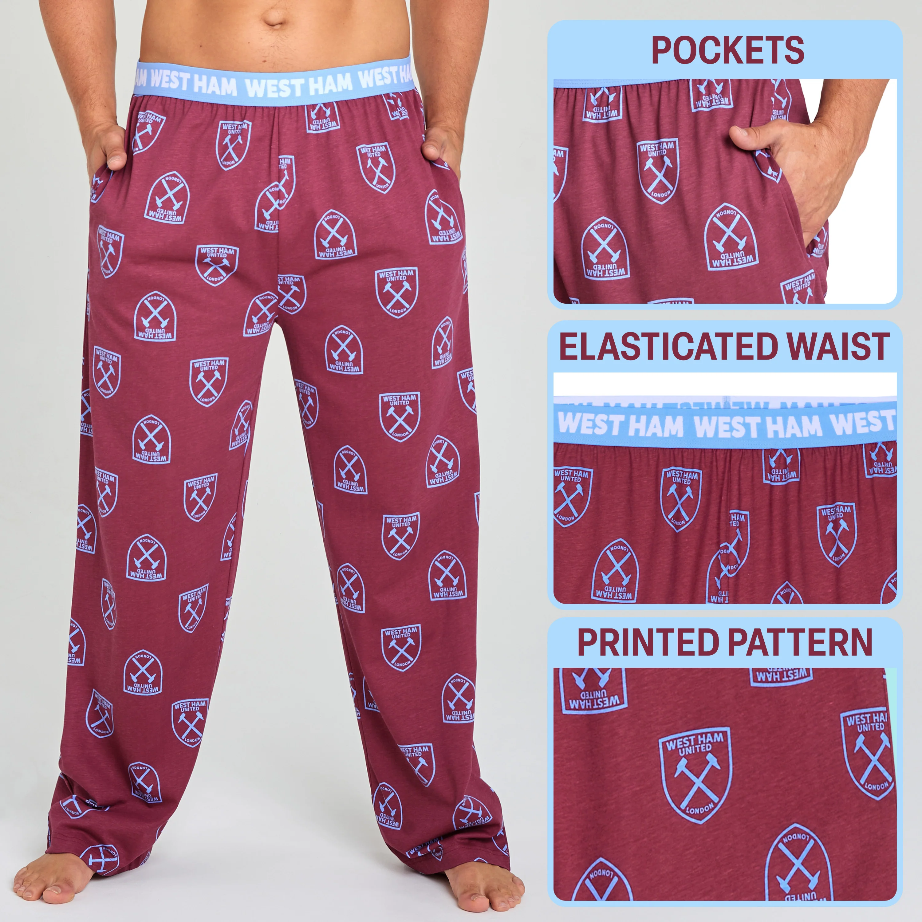 West Ham United F.C. Mens Pyjama Bottoms, Cotton Lounge Pants - West Ham Gifts - Image 4