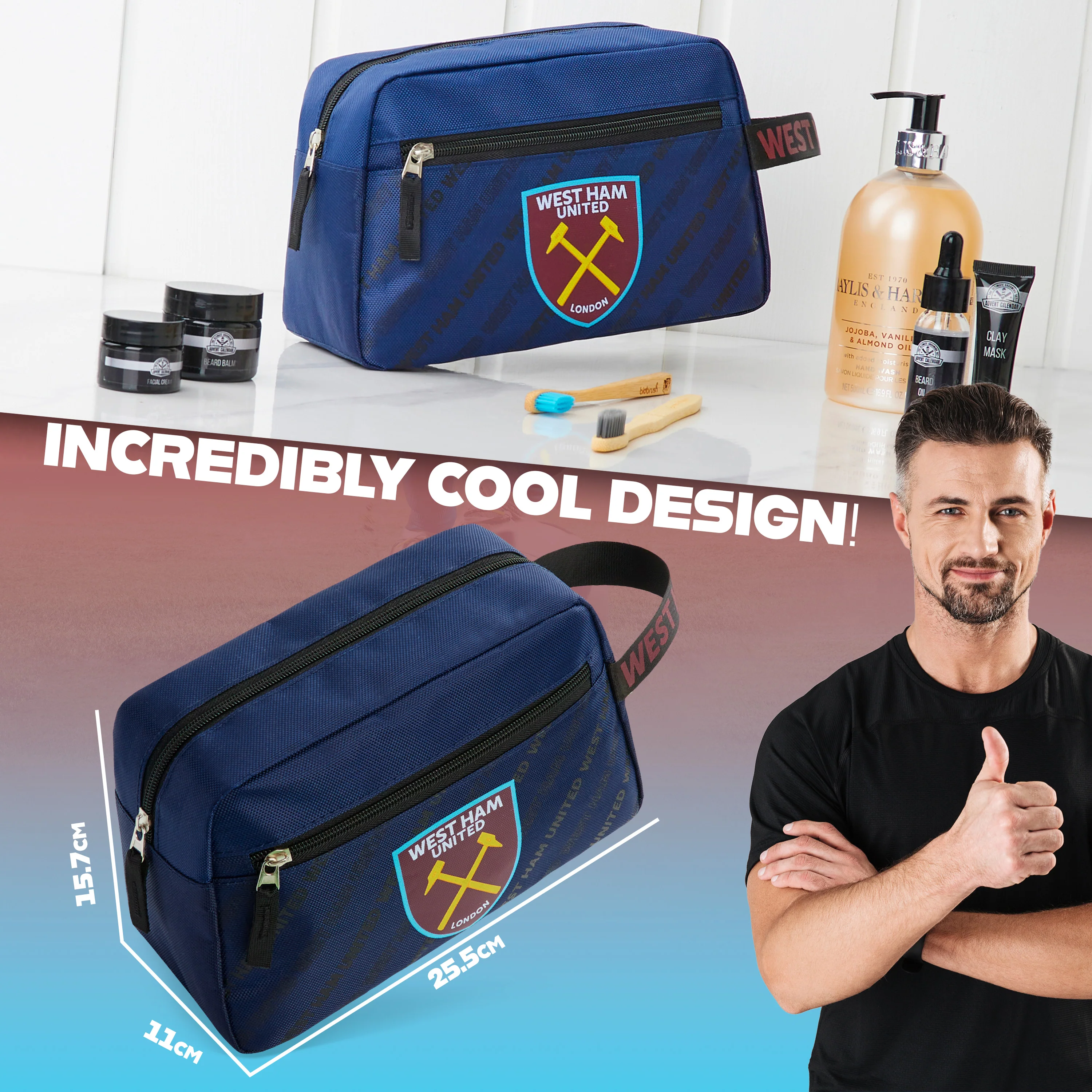 West Ham United F.C. Toiletry Bags for Men, Hanging Wash Bag with Zipped Pocket - Gifts for Him - Image 6