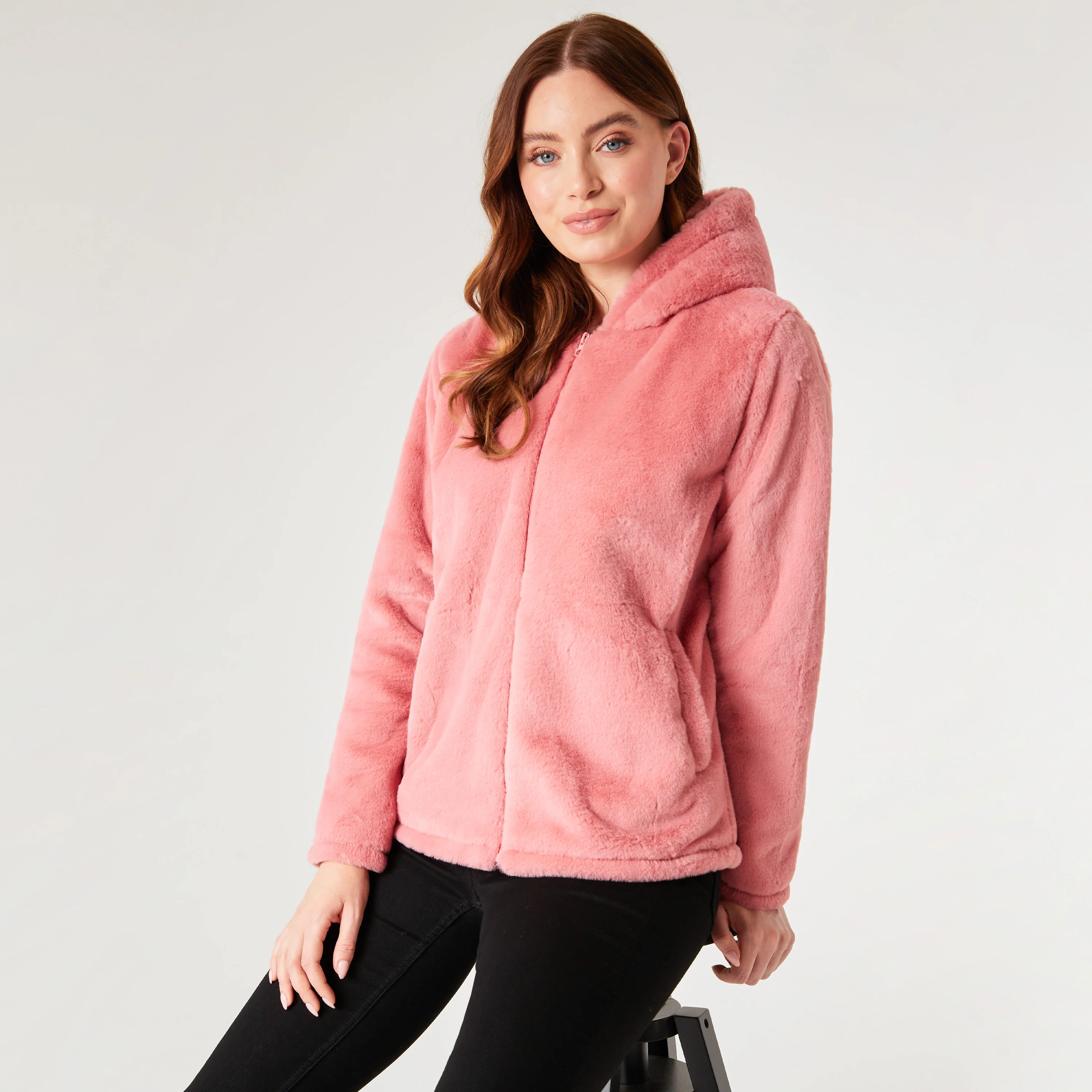 Womens Coat - Fluffy Zip Up Hooded Coat for Women - Image 10