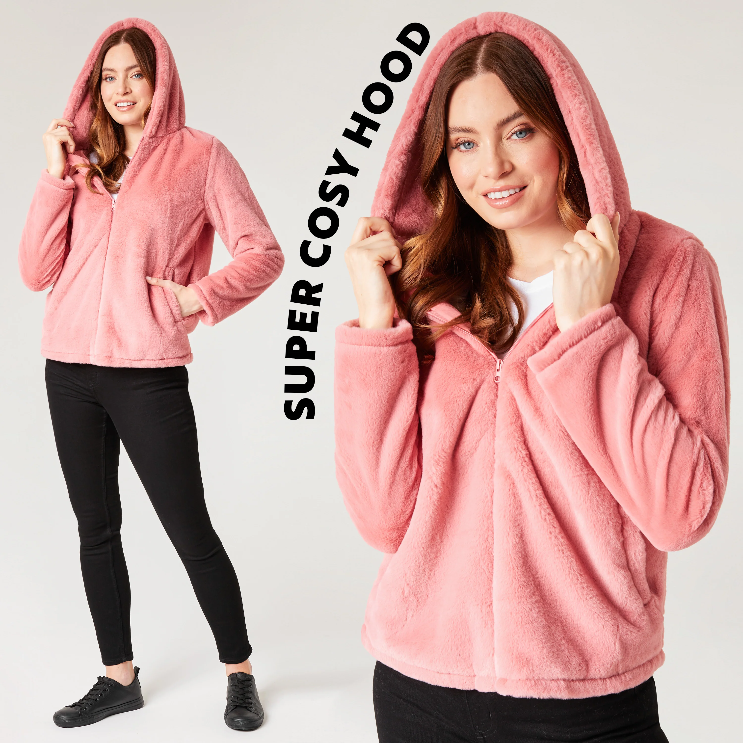 Womens Coat - Fluffy Zip Up Hooded Coat for Women - Image 11