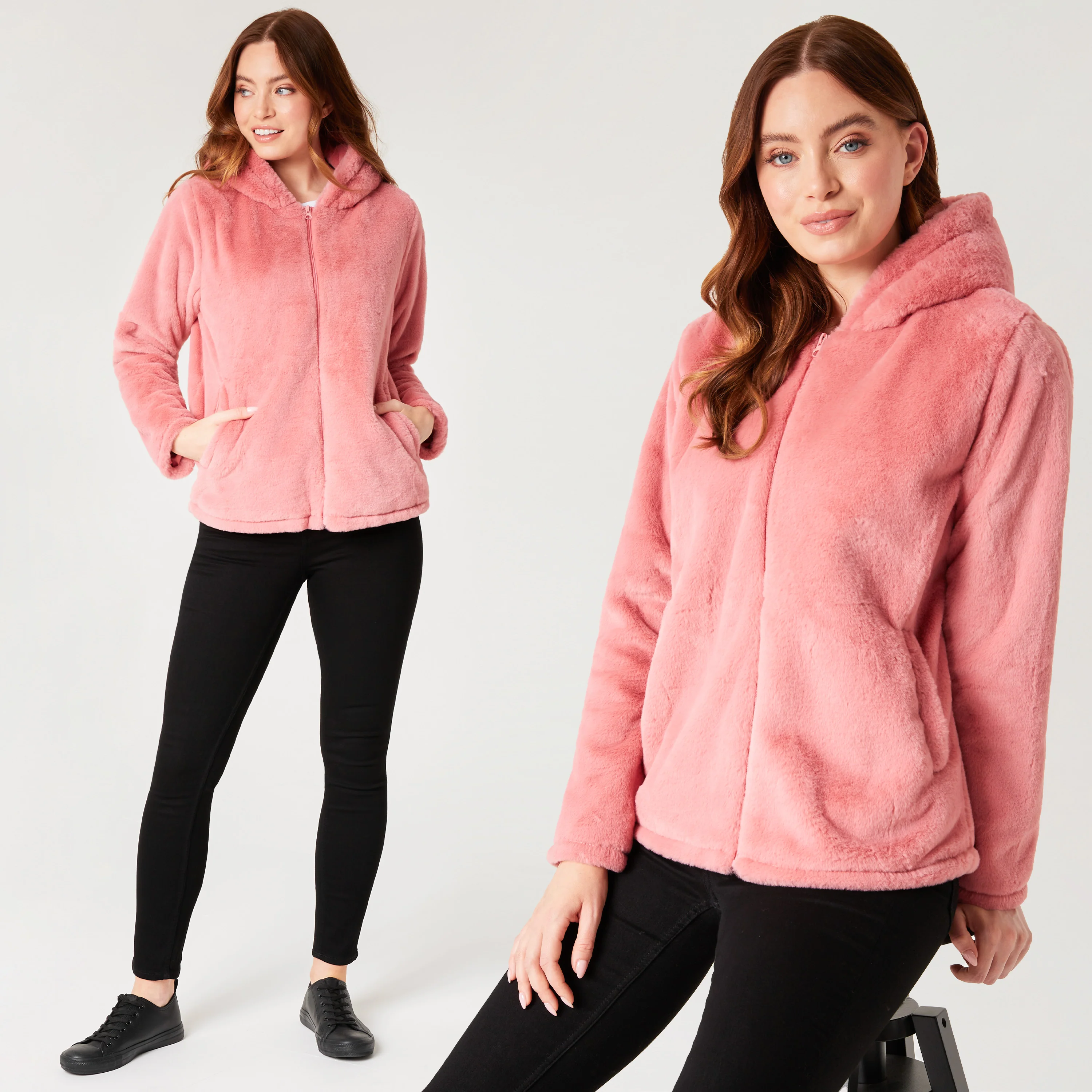 Womens Coat - Fluffy Zip Up Hooded Coat for Women - Image 13