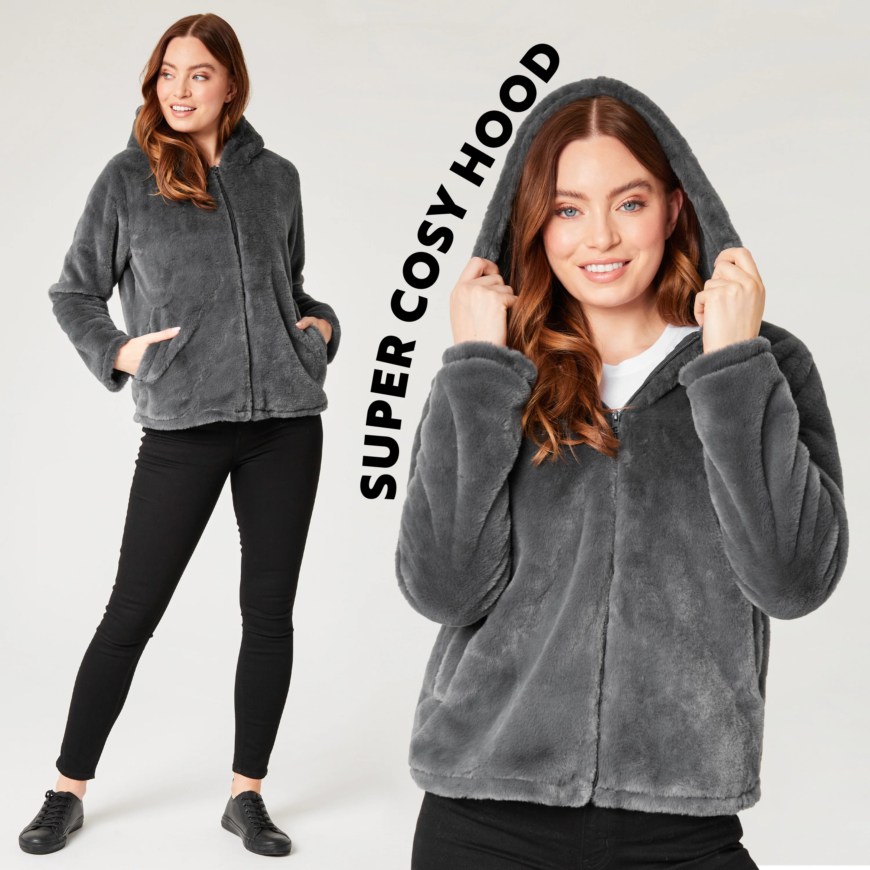 Womens Coat - Fluffy Zip Up Hooded Coat for Women - Image 5