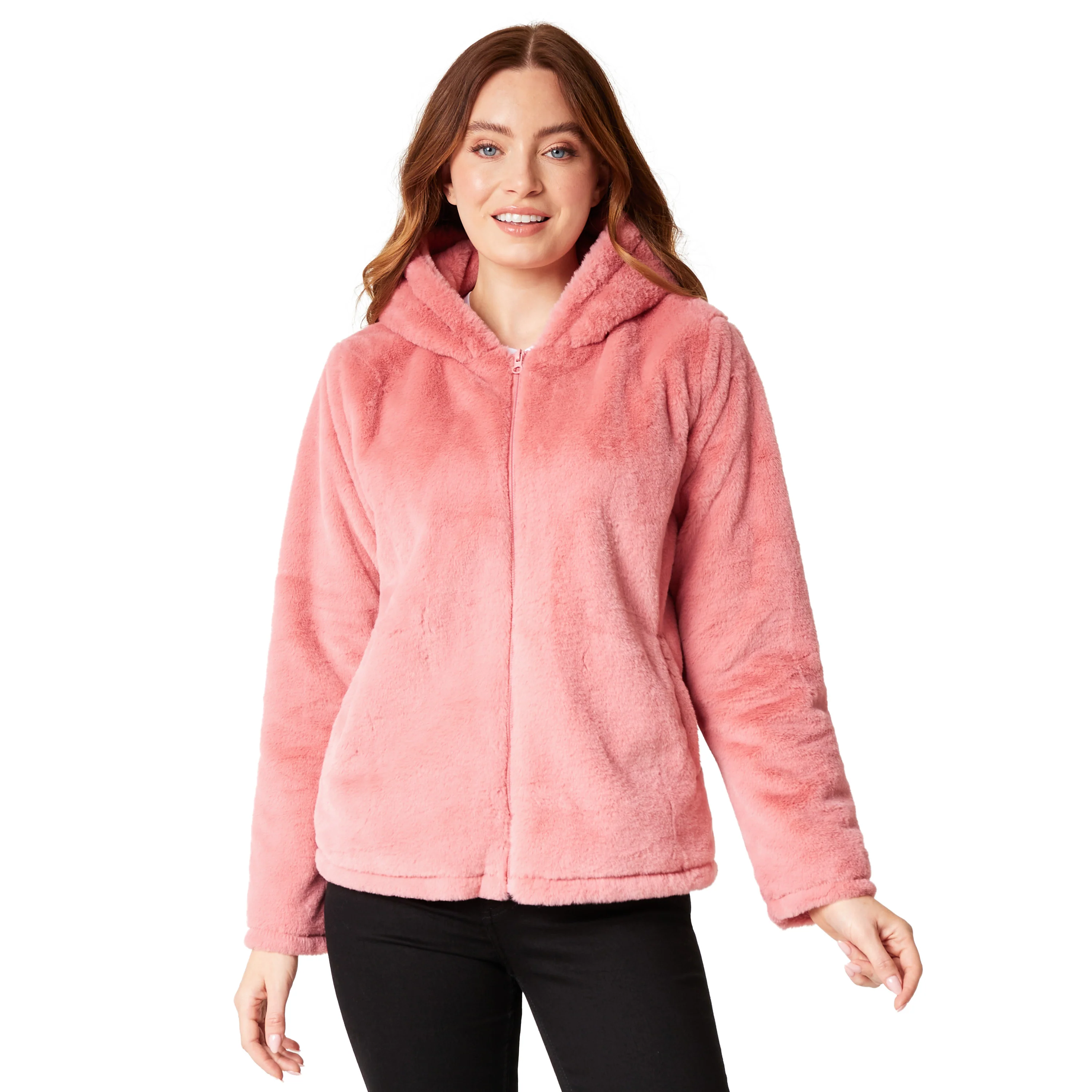 Womens Coat - Fluffy Zip Up Hooded Coat for Women - Image 9
