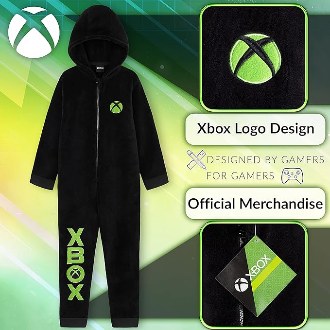 Xbox Onesie for Boys Teens All in One Fleece Pyjamas Hooded Jumpsuit Loungewear Cosy Warm Nightwear Gamer Gifts for Boys - Image 2